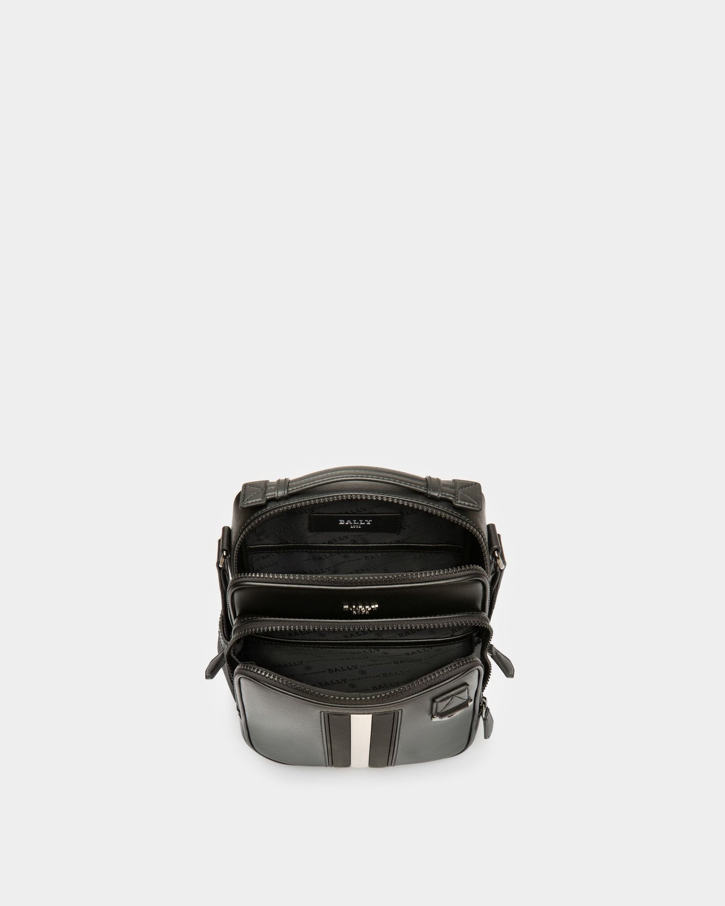 Mackao | Men's Crossbody Bag | Black Leather | Bally | Still Life Open / Inside