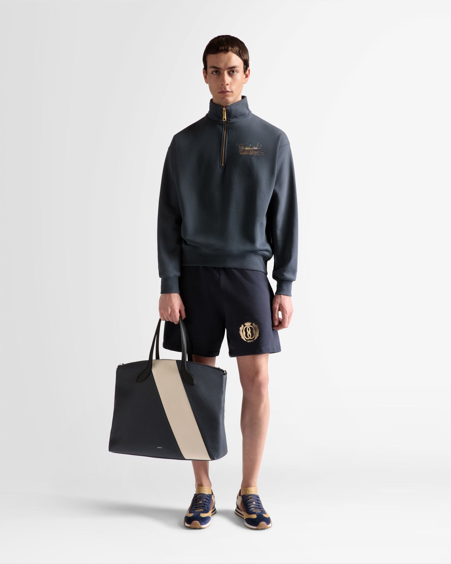 Train Print Half-Zipper Sweatshirt In Stone Cotton