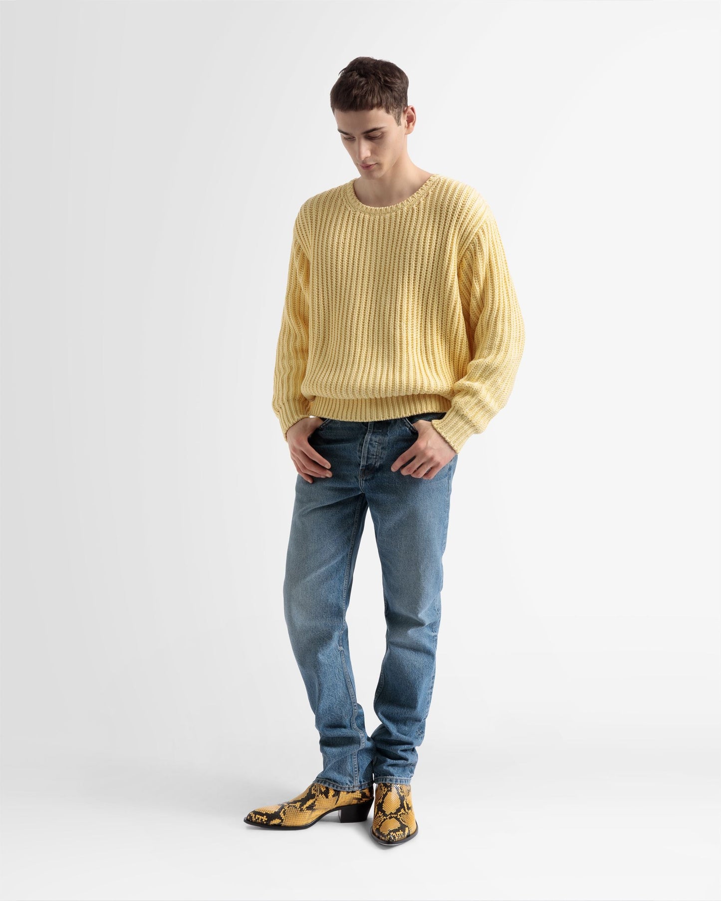 Cotton Knitted Crew Neck In Yellow