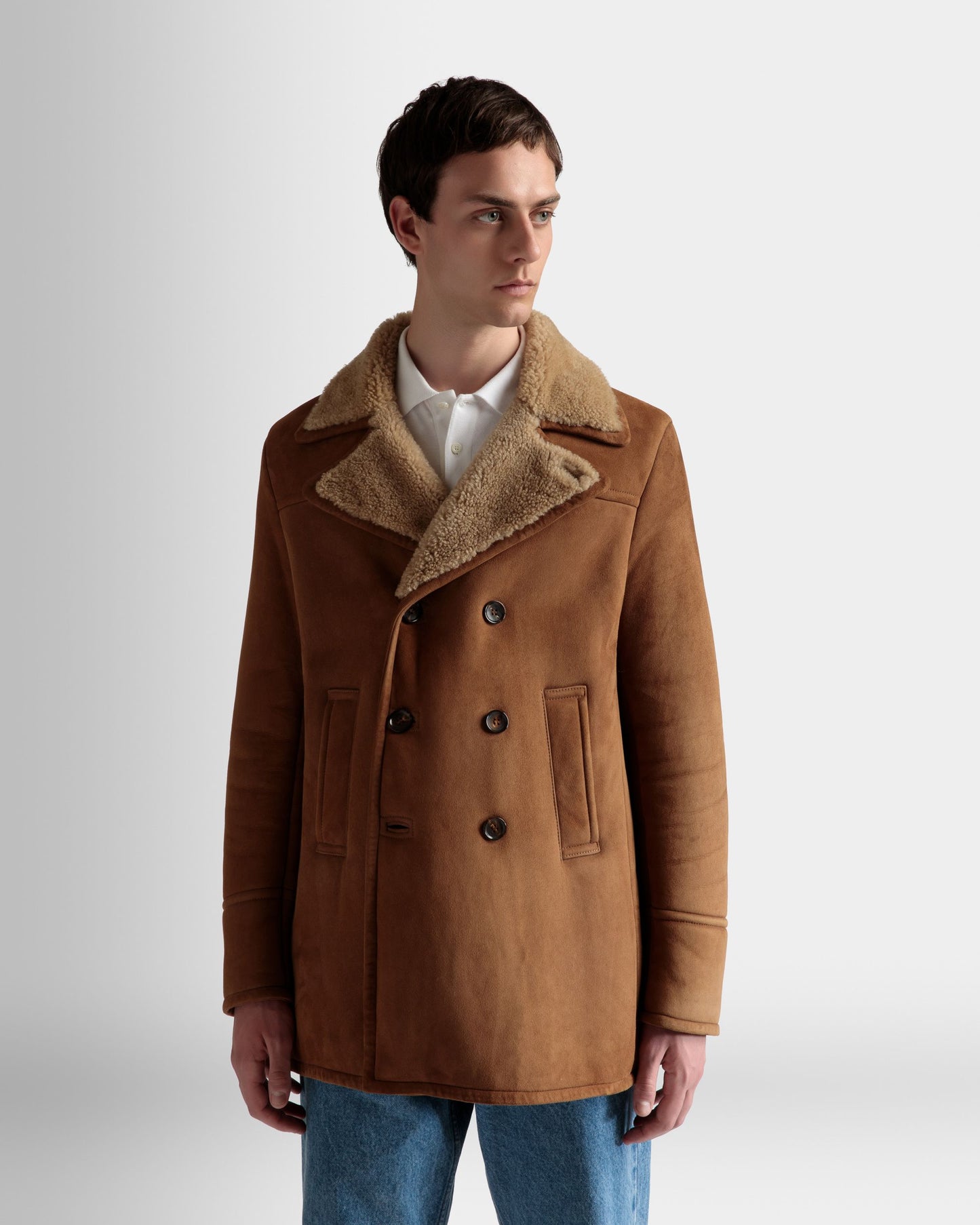 Double Breasted Shearling Coat In Brown Suede