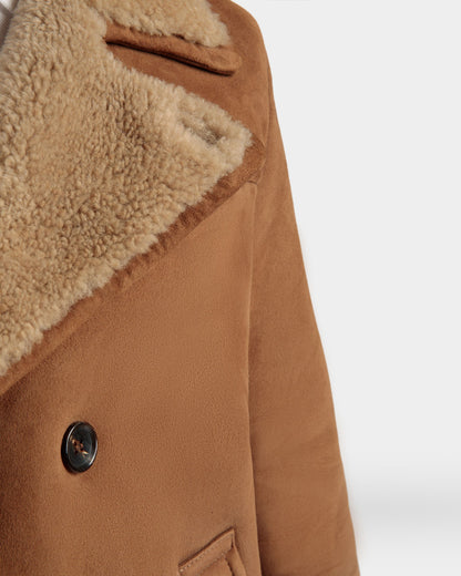 Double Breasted Shearling Coat In Brown Suede