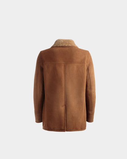 Double Breasted Shearling Coat In Brown Suede