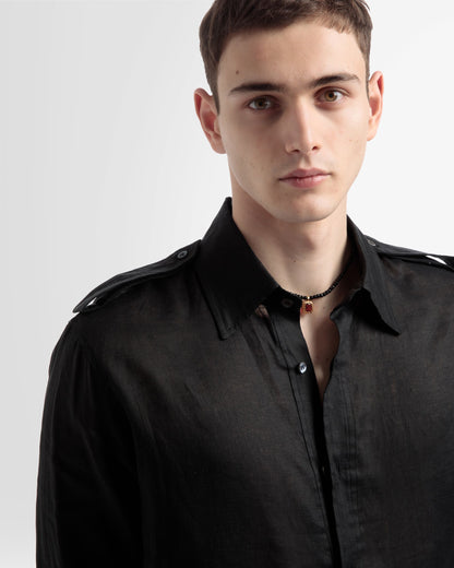 Half Button Shirt In Black Linen