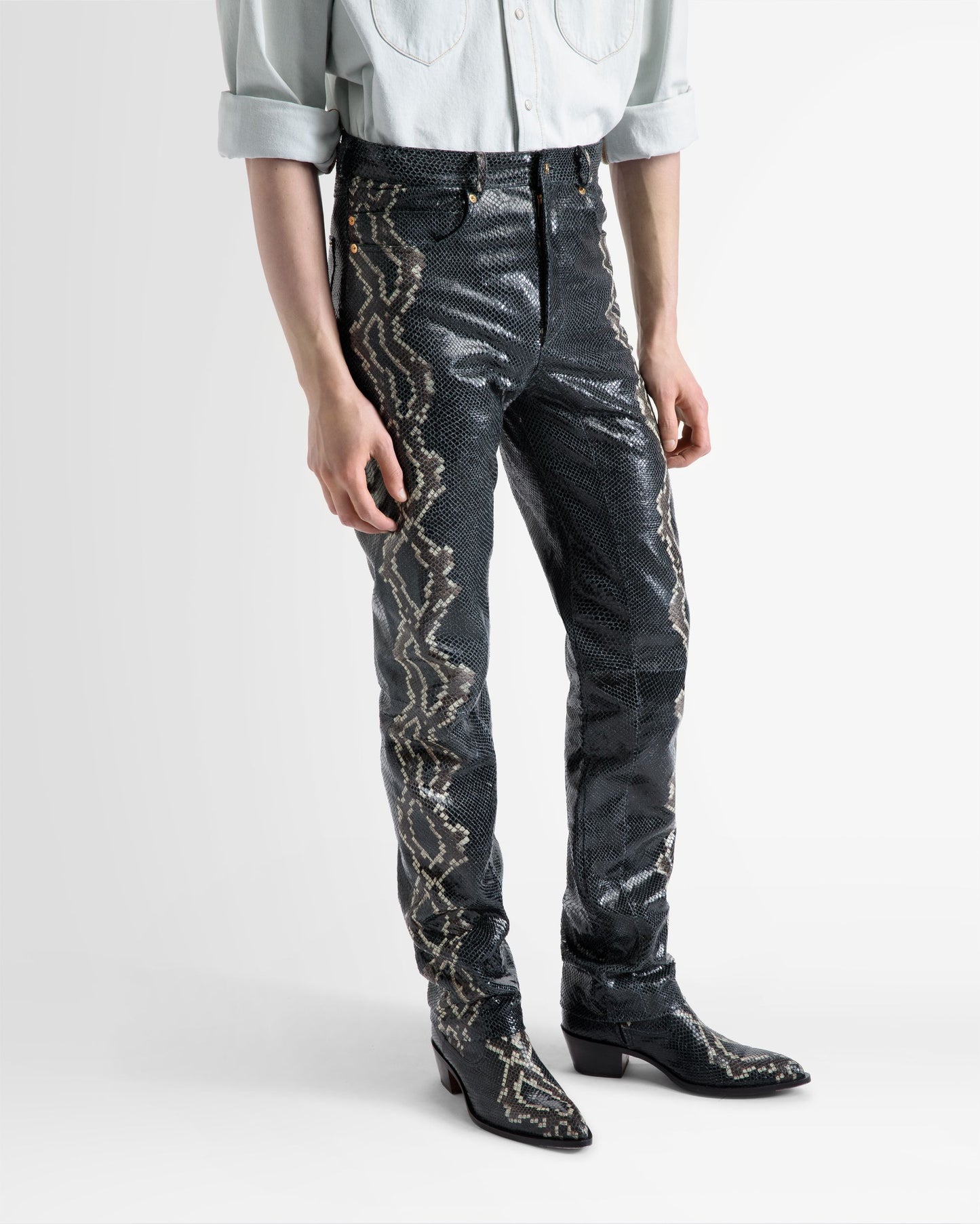 Straight Pants In Black Printed Leather