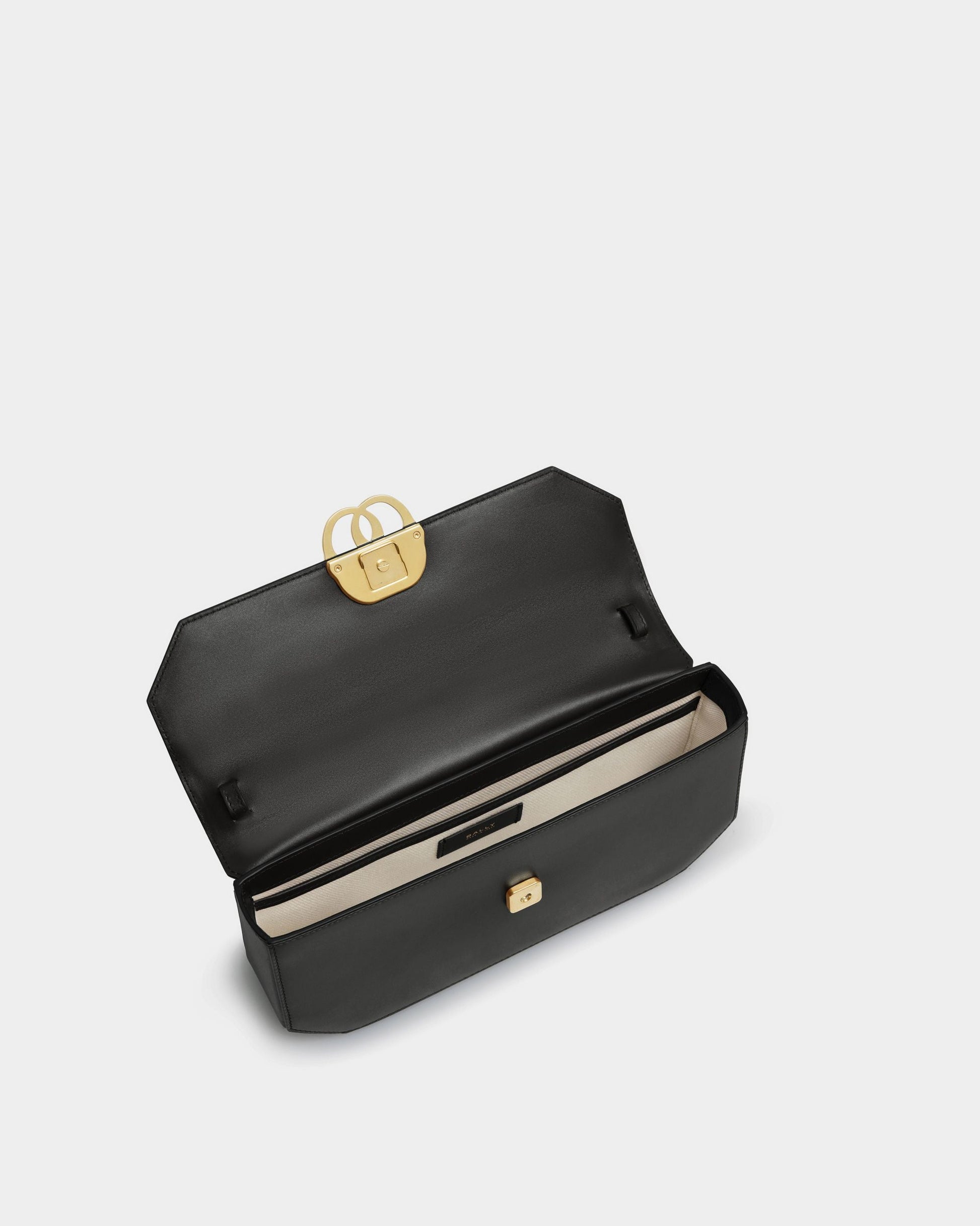 Emblem Folio | Women's Shoulder Bag | Black Leather | Bally | Still Life Open / Inside