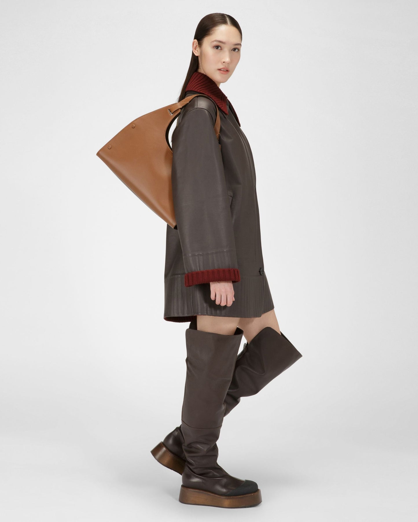 Irenne Leather Long Boots In Ebony Brown