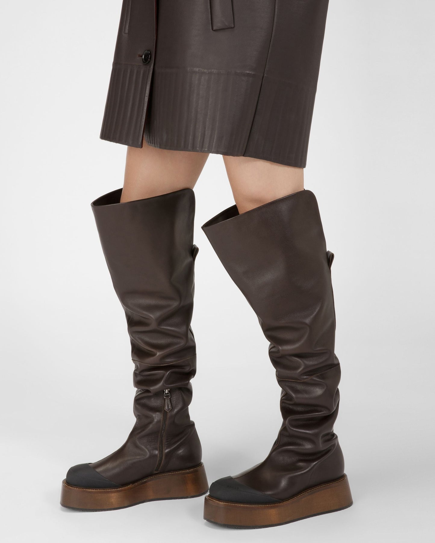 Irenne Leather Long Boots In Ebony Brown
