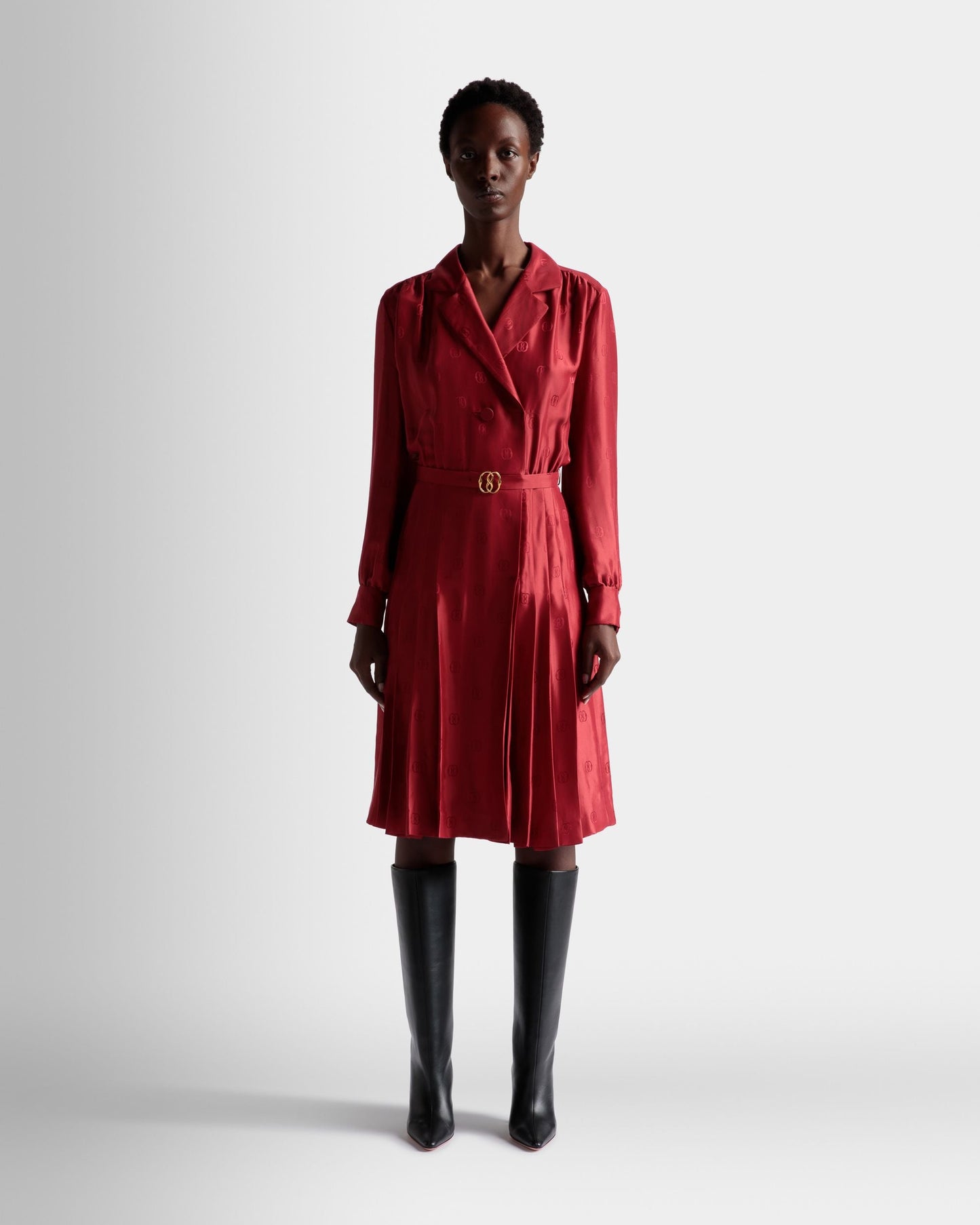 Emblem Belted Dress In Deep Ruby Silk