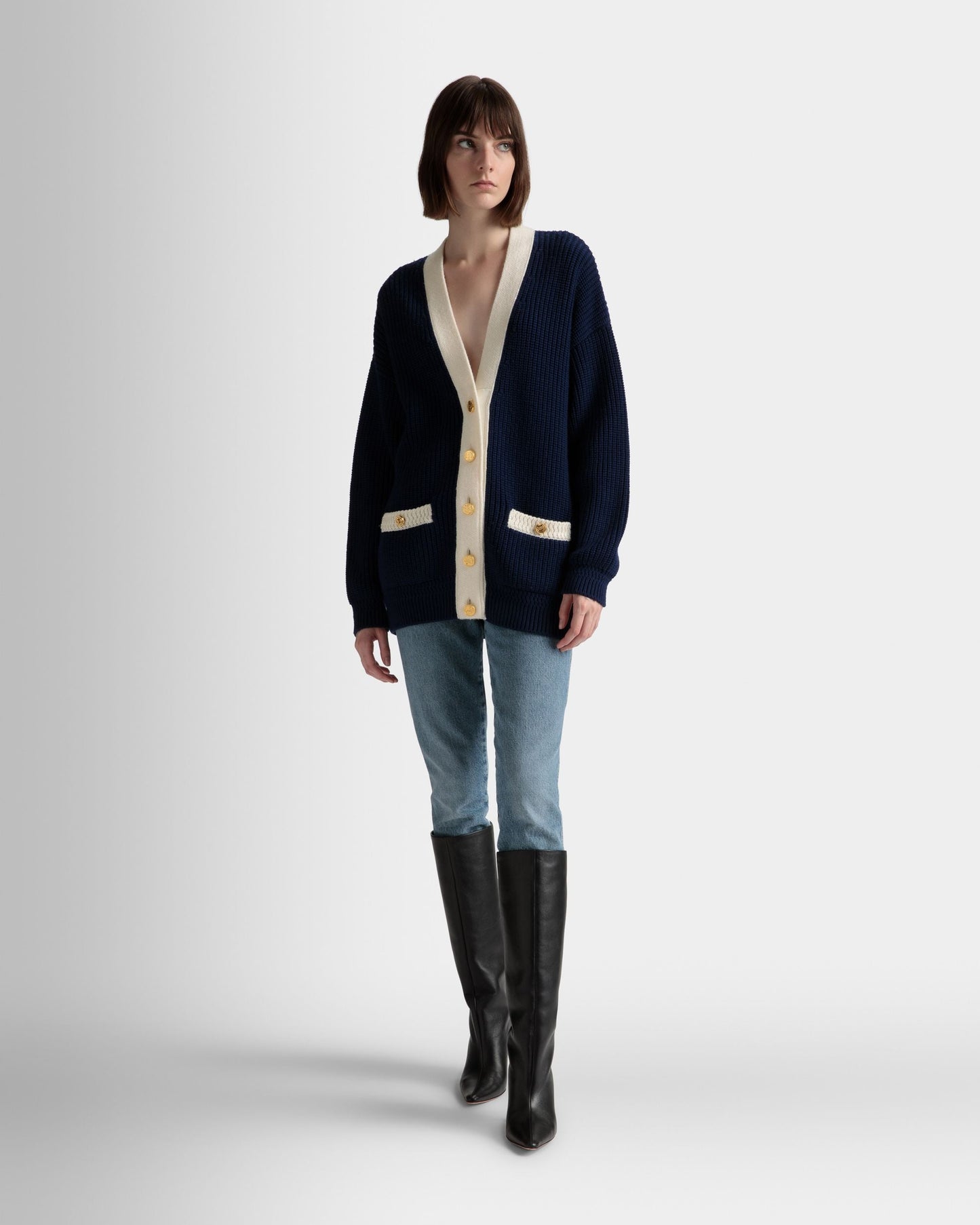 V-Neck Cardigan | Women's Cardigan | Marine Wool | Bally | On Model Front