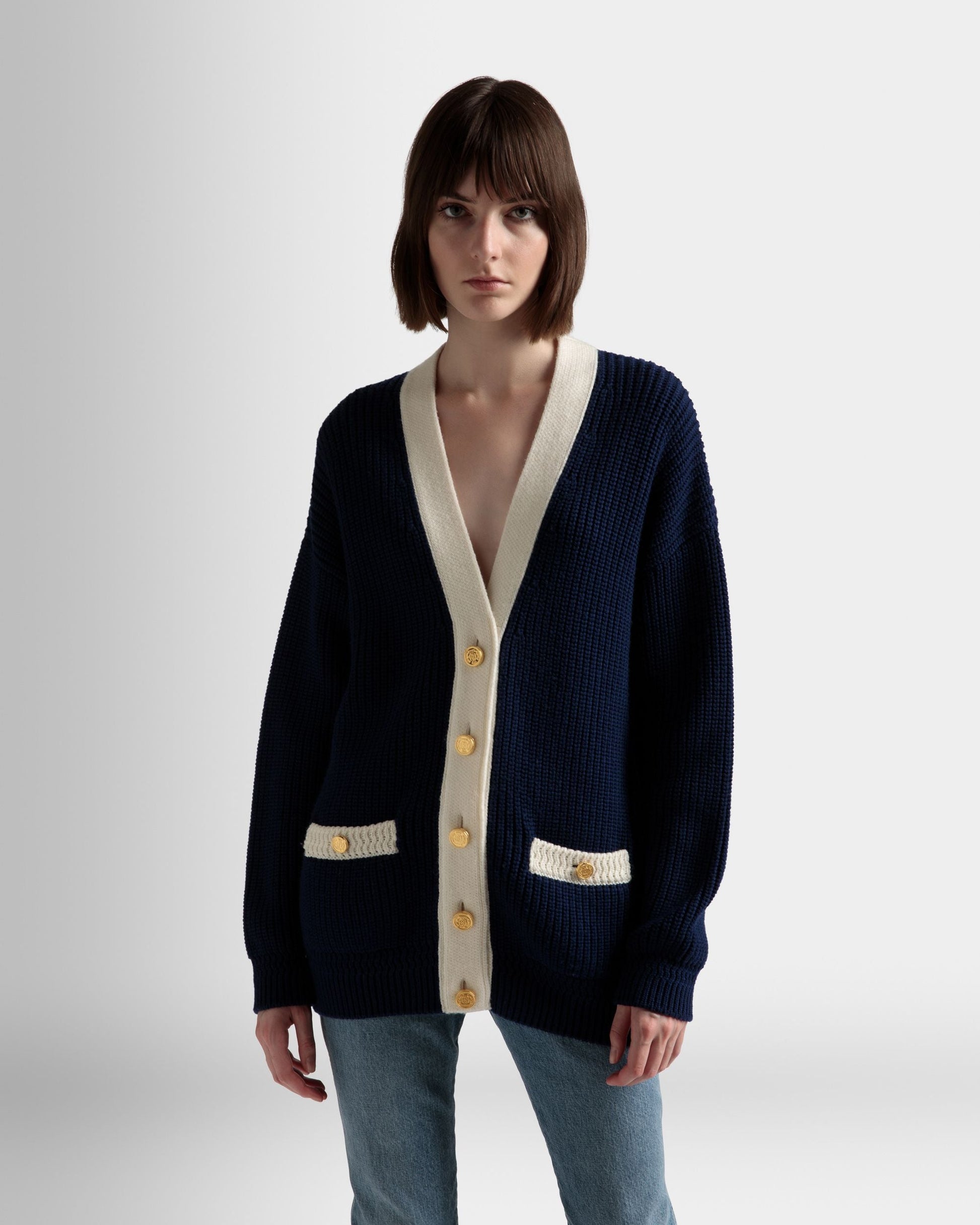 V-Neck Cardigan | Women's Cardigan | Marine Wool | Bally | On Model Close Up