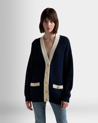 V-Neck Cardigan | Women's Cardigan | Marine Wool | Bally | On Model Close Up