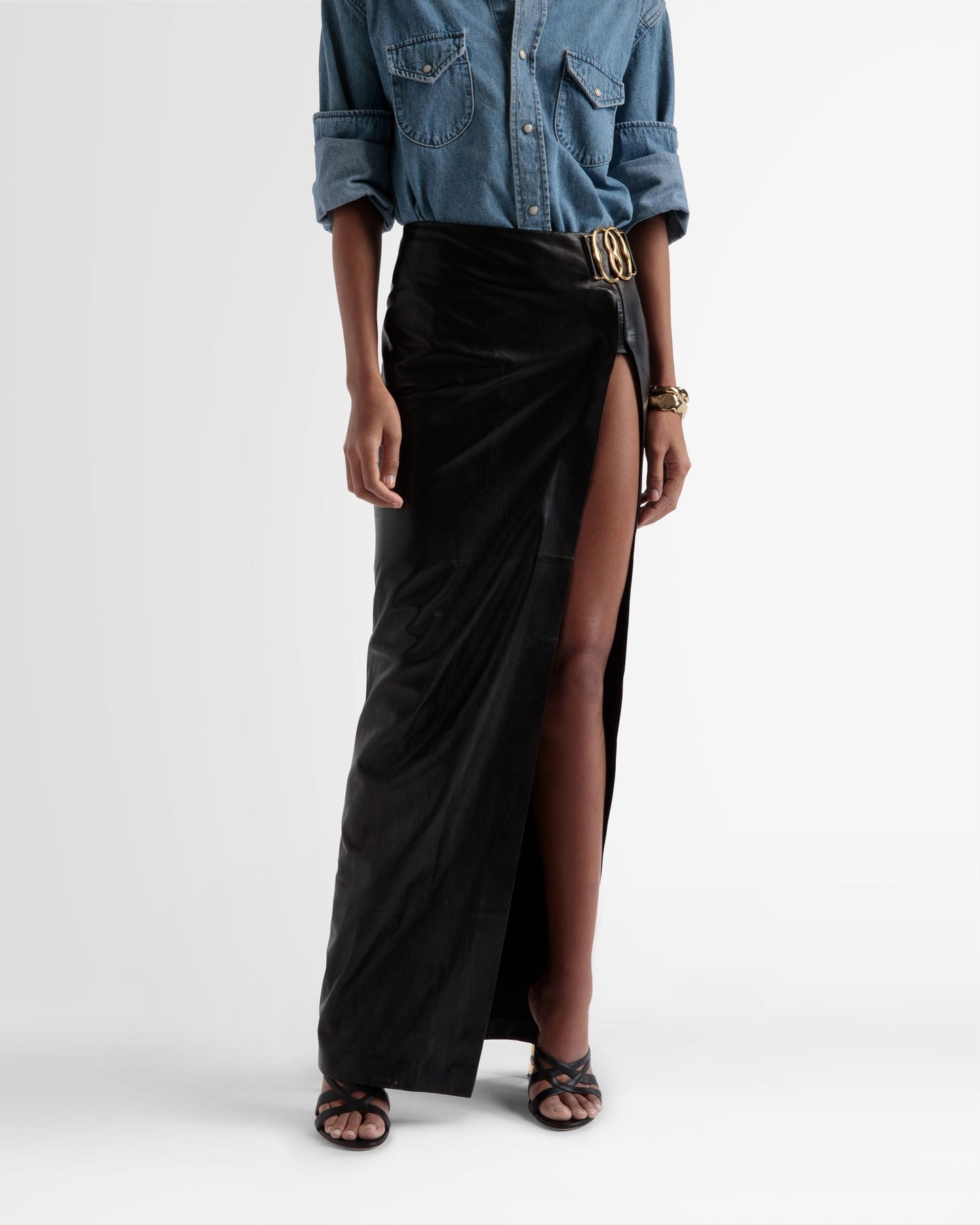 Side Split Leather Skirt In Black
