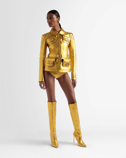 Belted Leather Jacket In Gold