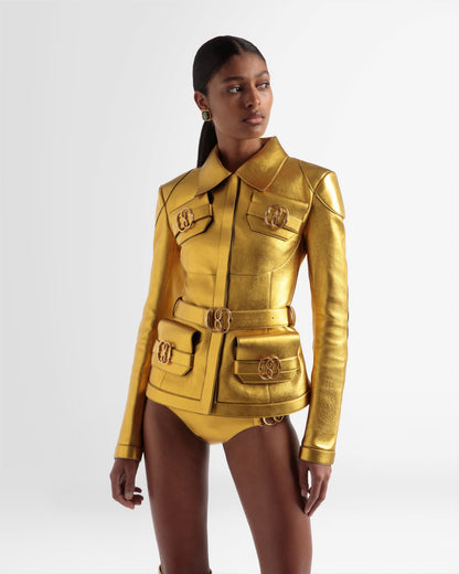 Belted Leather Jacket In Gold
