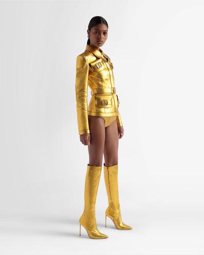 Belted Leather Jacket In Gold