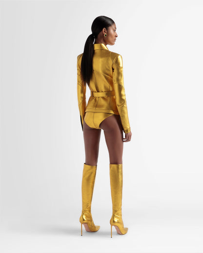 Belted Leather Jacket In Gold