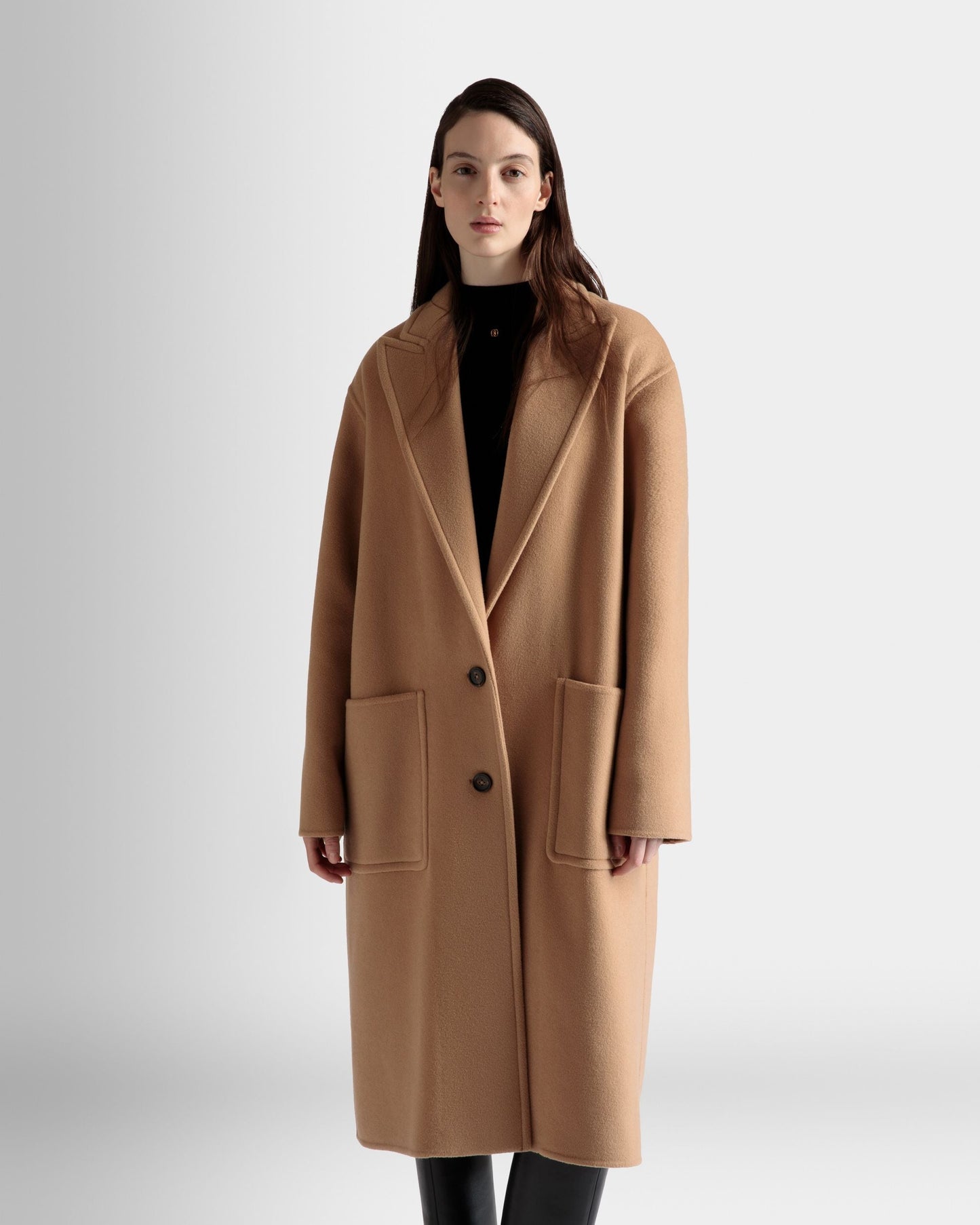 Single Breasted Coat | Women's Outerwear | Camel Cashmere Wool Mix | Bally | On Model Close Up