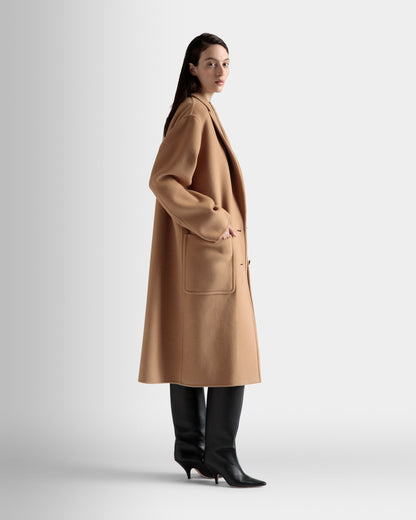 Single Breasted Coat | Women's Outerwear | Camel Cashmere Wool Mix | Bally | On Model 3/4 Front