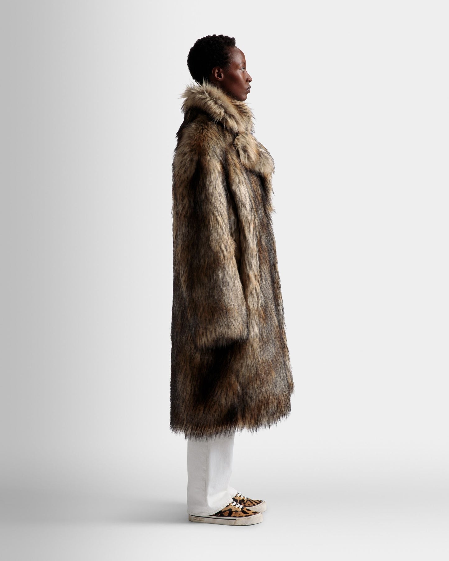 Faux Fur Coat In Multi Brown